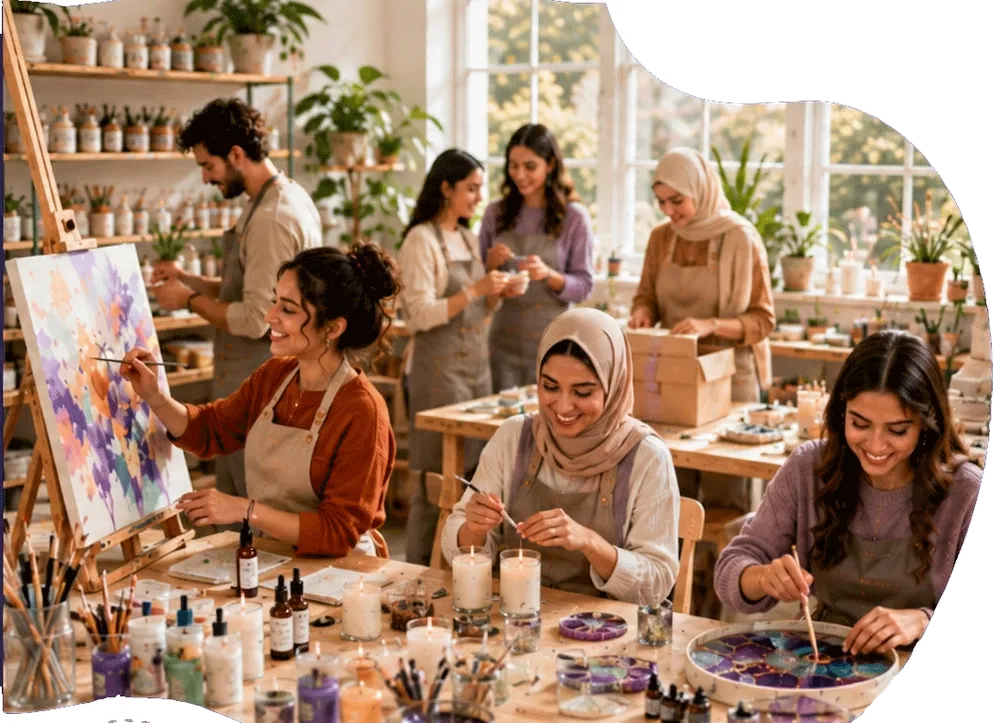 مبدعون يعملون معاً في ورشة حرف يدوية مشرقة