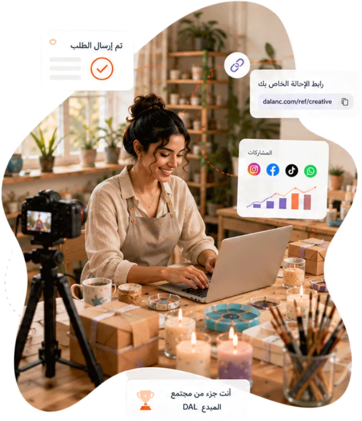 شريكة تعمل على الحاسوب محاطة بالأدوات والمكافآت وقنوات التواصل