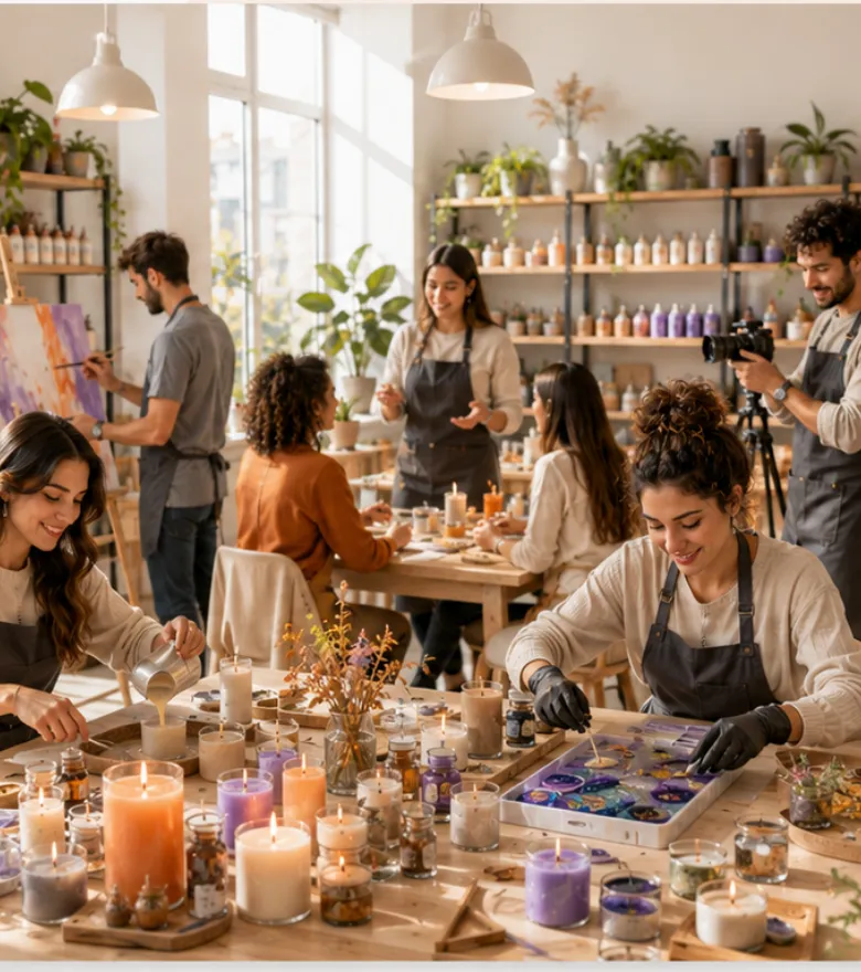 Creators filming and crafting together in a bright DIY workshop