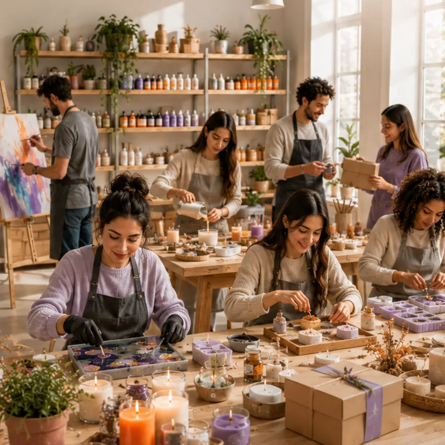 Makers crafting candles, art, and gifts together in a bright DIY studio